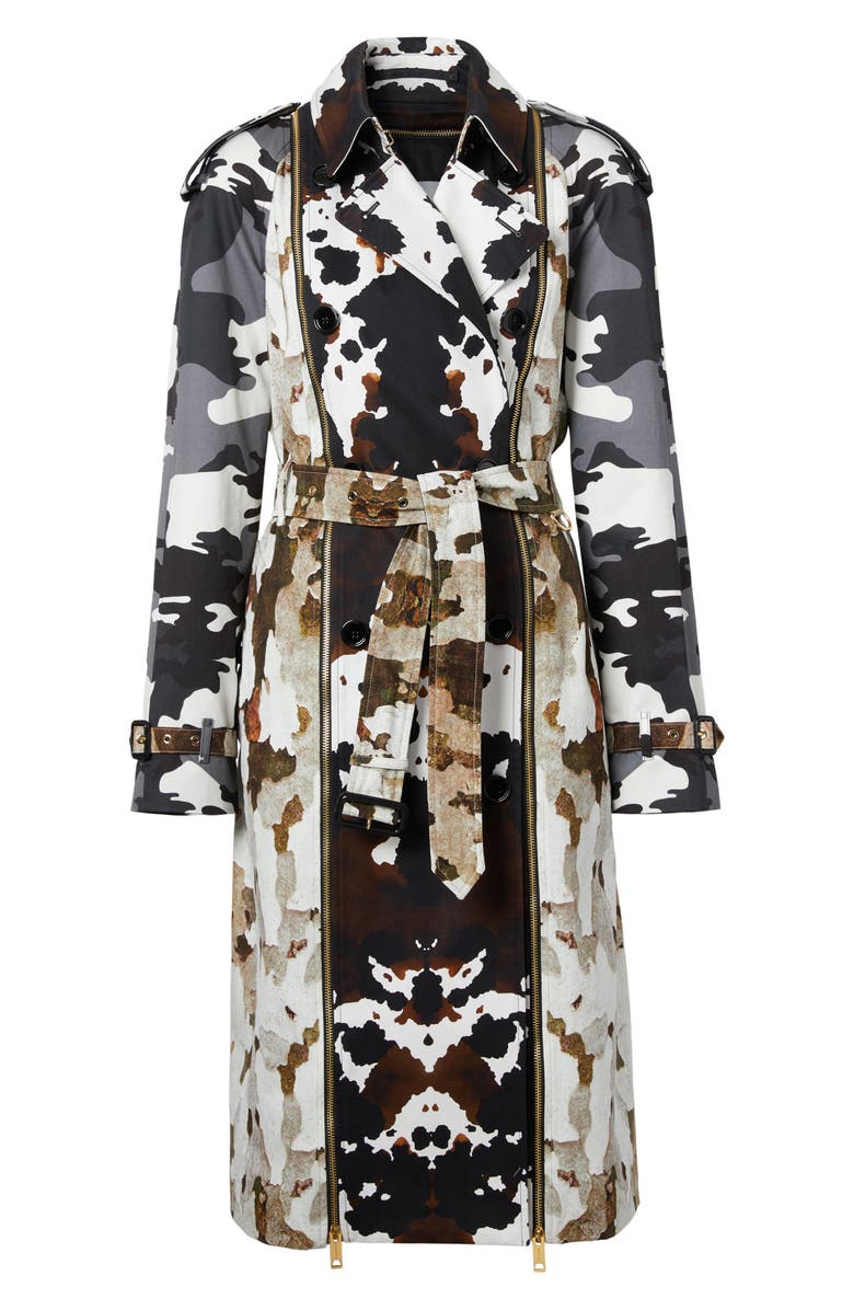 Burberry Hurst Waterloo Fit Cow Camo Cotton Gabardine Trench Coat with Detachable Panel, Main, color, 