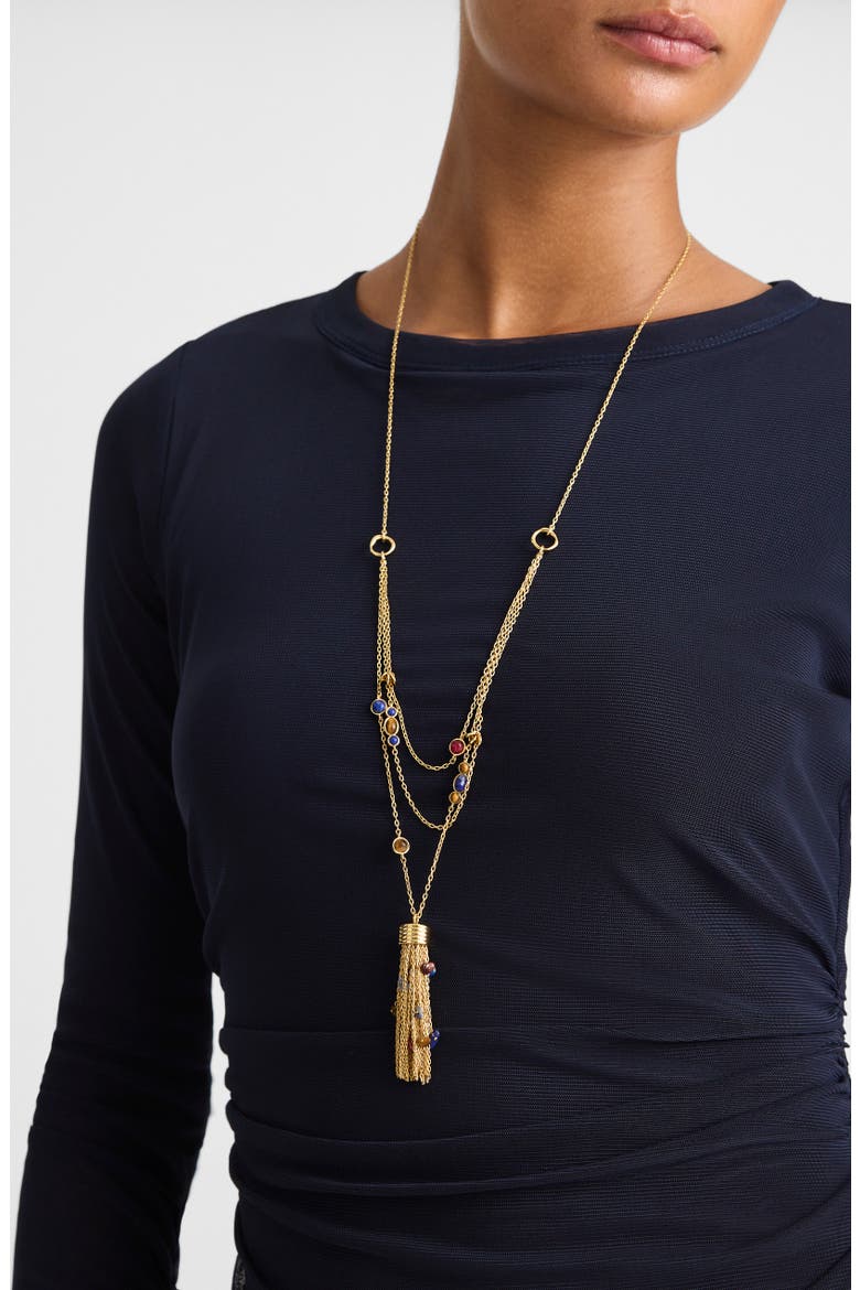 Stone Cluster Fringe Tassel Lariat Necklace, Alternate, color, ANTIQUE GOLD