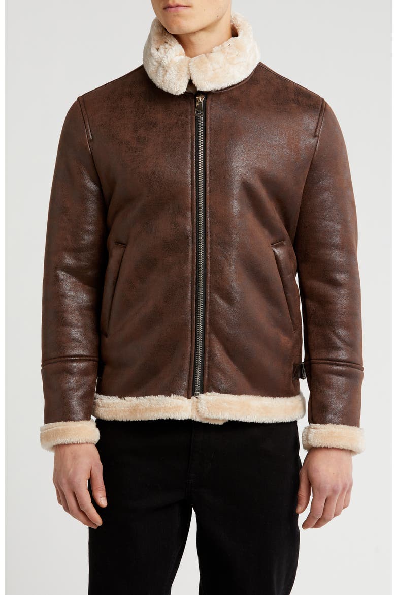 Faux Shearling Lined Bomber Jacket, Alternate, color, DARK BROWN