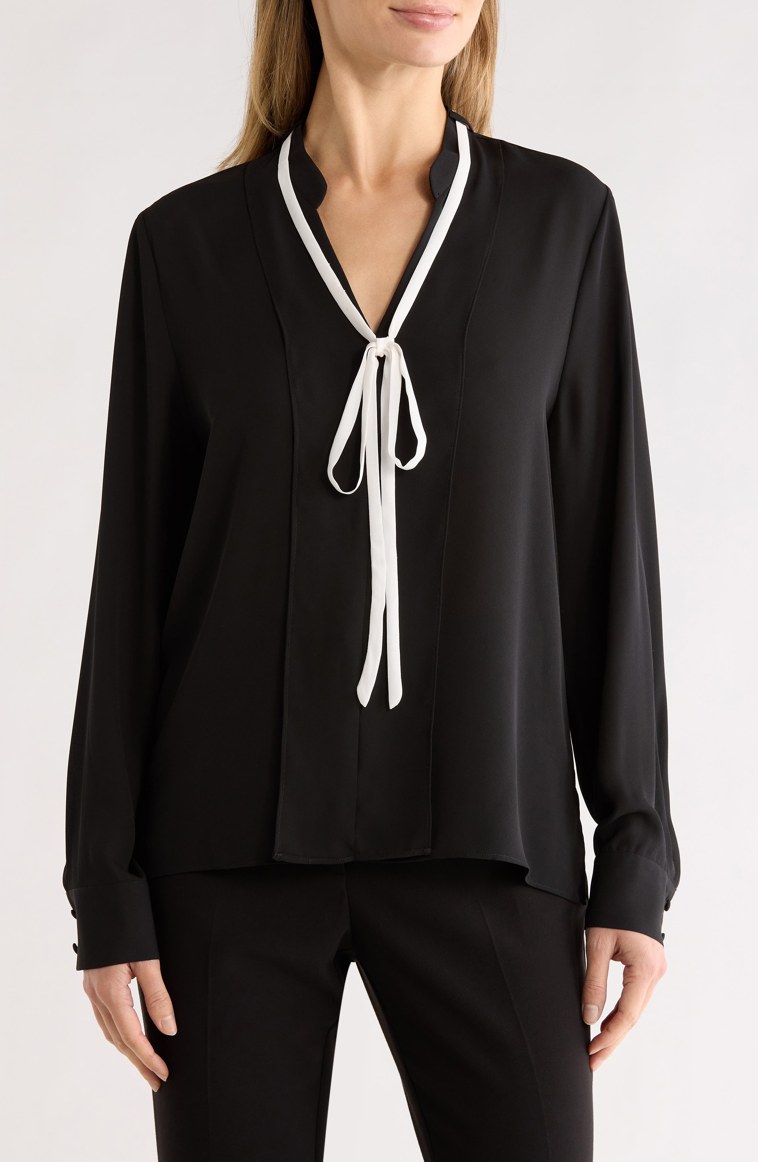 Gemma + Jane Contrast Tie V-Neck Long Sleeve Top