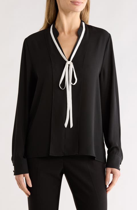 Contrast Tie V-Neck Long Sleeve Top