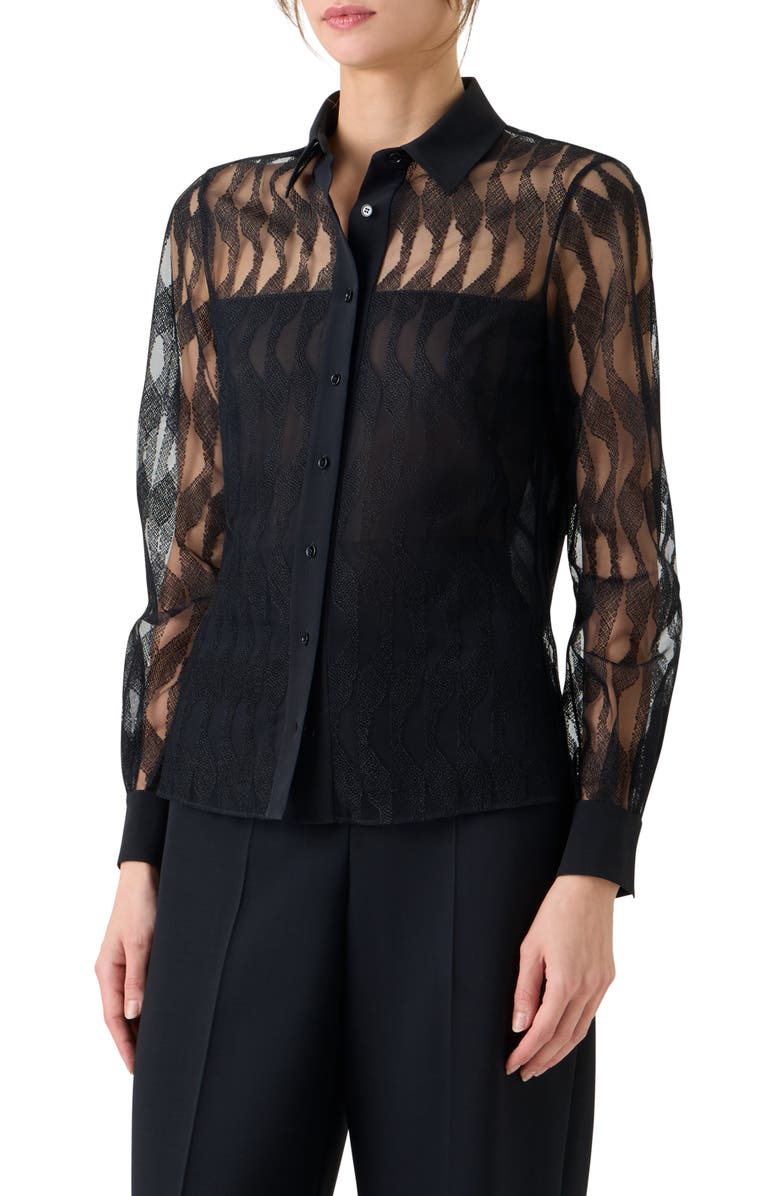 Akris High Plains Tulle Jacquard Button-Up Shirt, Alternate, color, Black
