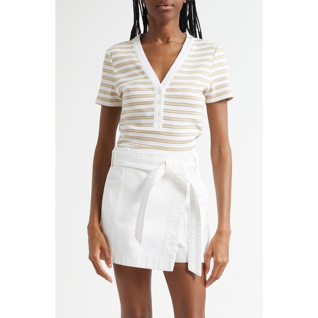 Veronica Beard Dekalb Stripe Stretch Cotton Henley Top In Khaki White