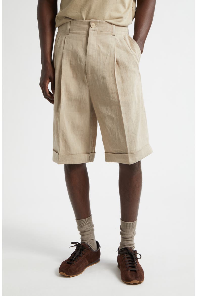 Cuffed Linen Blend Herringbone Bermuda Shorts, Main, color, BEIGE