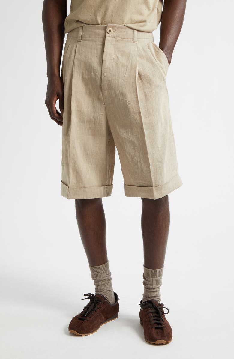 Jacquemus Cuffed Linen Blend Herringbone Bermuda Shorts, Main, color, Beige