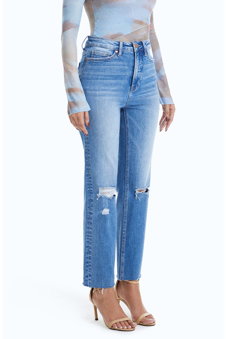 High Waist Raw Hem Ripped Straight Leg Jeans, Alternate, color, SURF BLUE