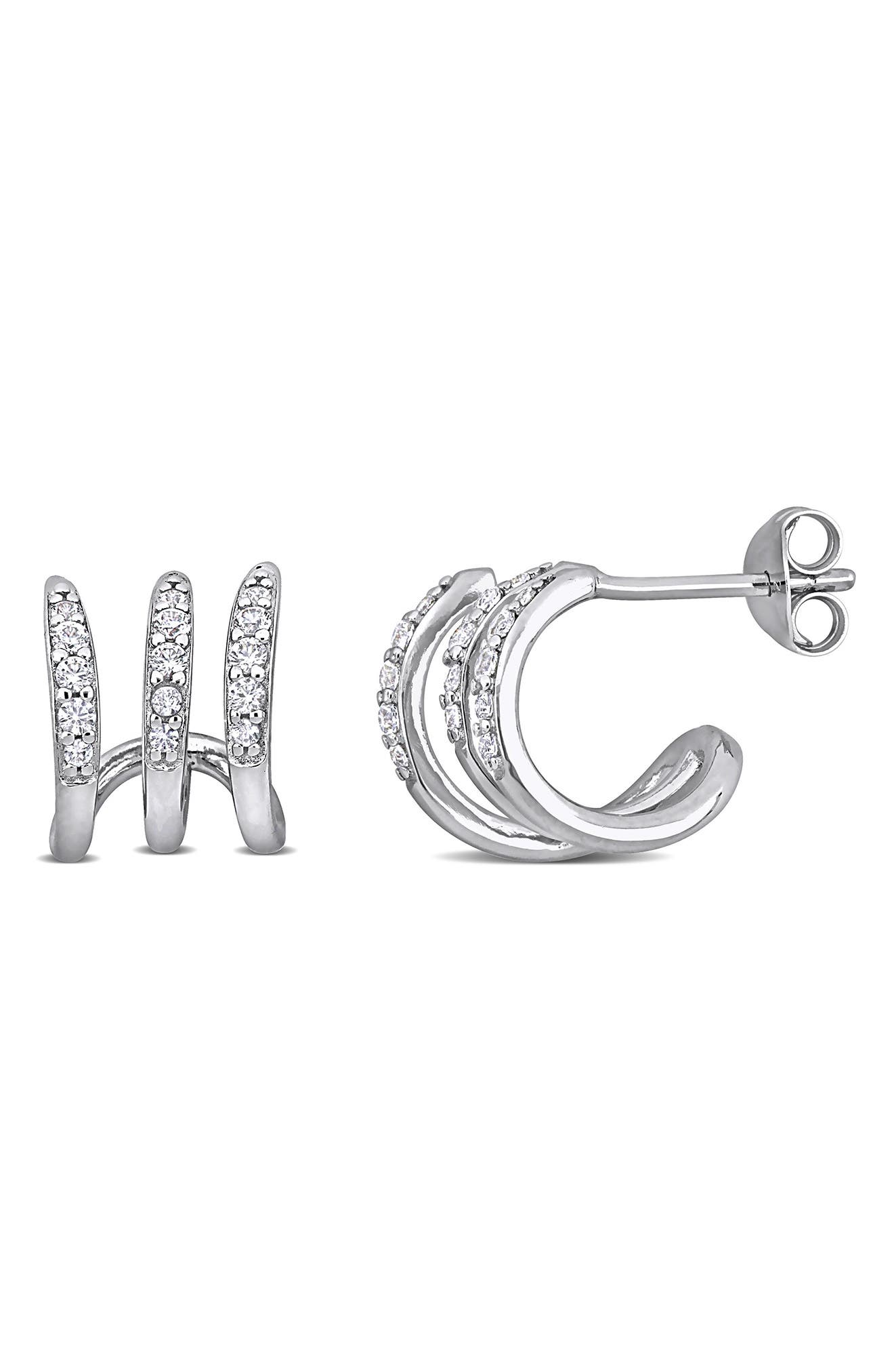 DELMAR Lab-Created White Sapphire Huggie Hoop Earrings