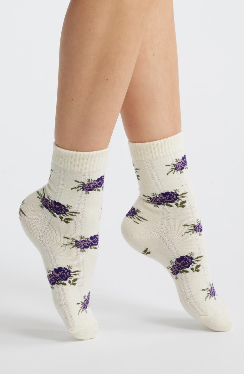 Stems Cozy Chic Floral Pointelle Quarter Socks, Main, color, Cream