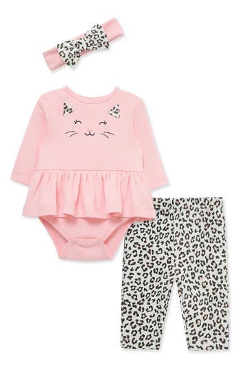 Little Me Leopard Bodysuit, Pants & Headband Set In Pink
