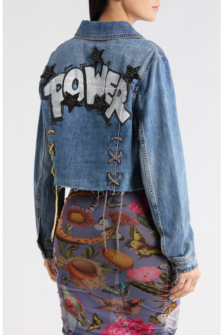 Lace-Up Back Denim Trucker Jacket, Alternate, color, MEDIUM BLUE