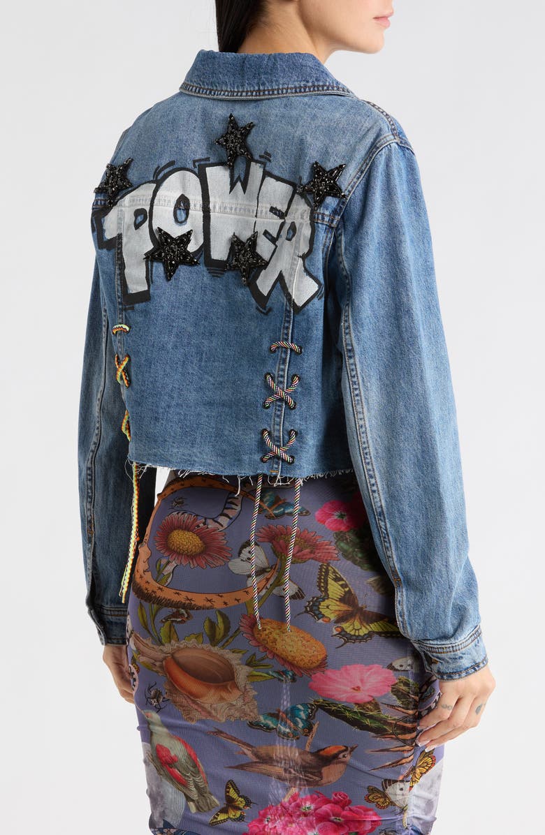 Desigual Lace-Up Back Denim Trucker Jacket, Alternate, color, Medium Blue