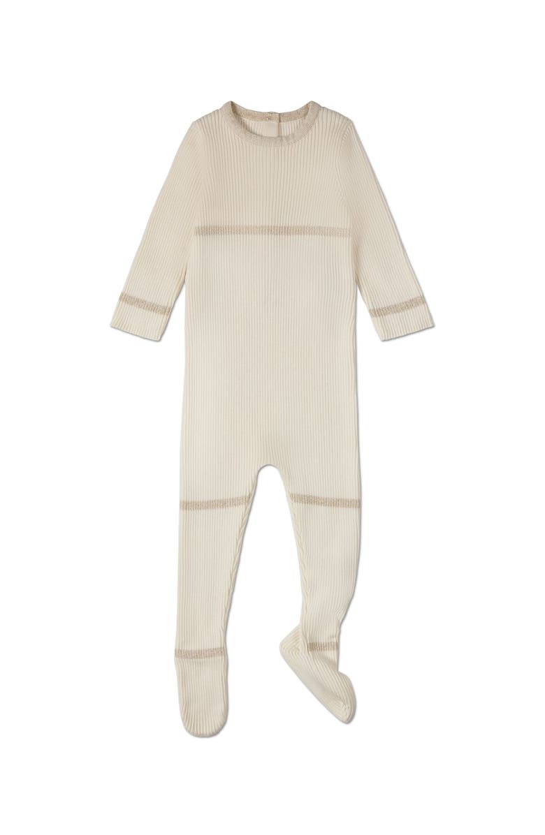 MiniMoi Baby Gold Lurex Trimmed Ribbed Cotton Footie, Main, color, Winter White