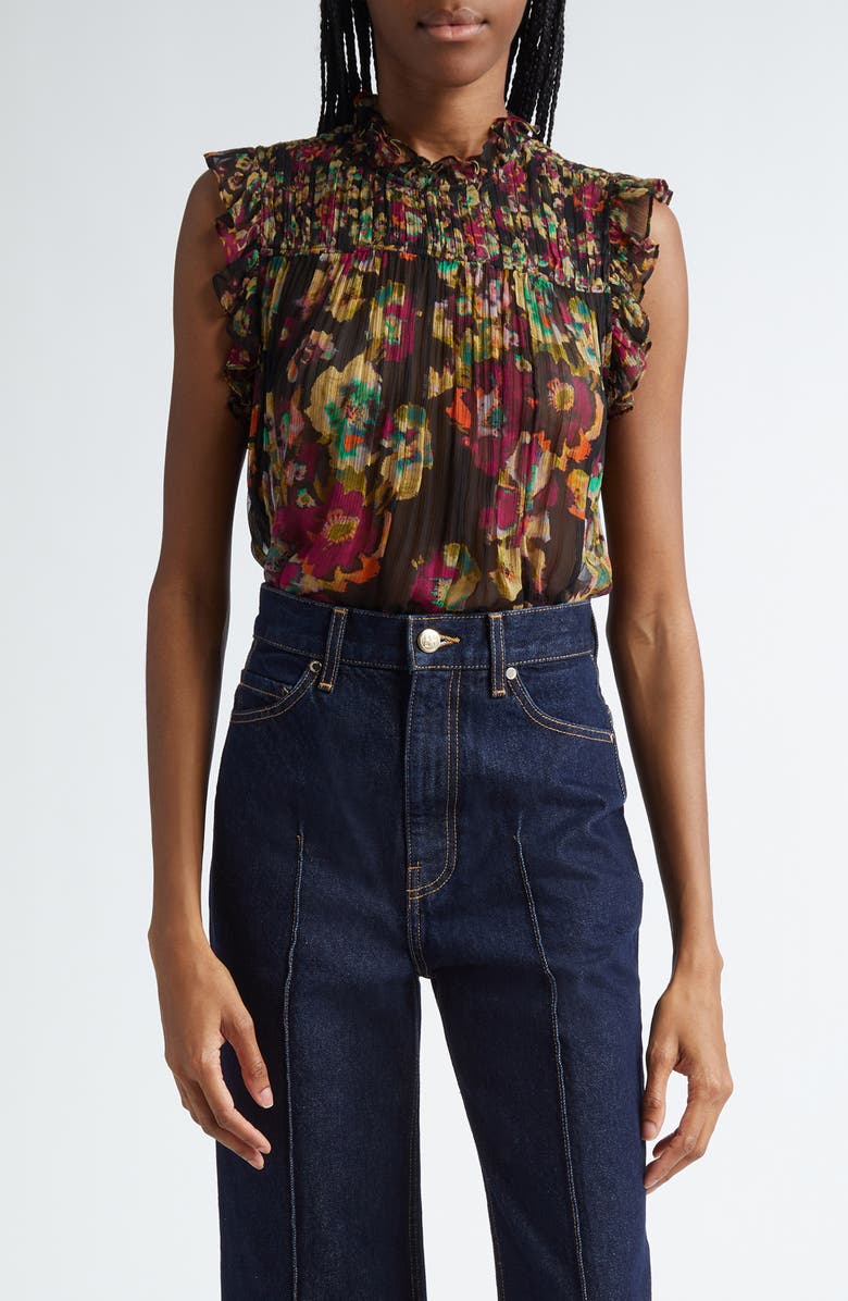Ulla Johnson Georgina Floral Sleeveless Plissé Silk Top, Main, color,