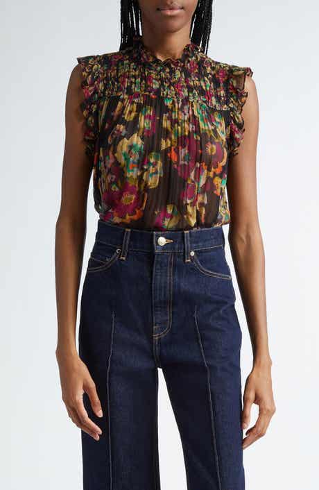 Ulla Johnson Georgina Floral Sleeveless Plissé Silk Top