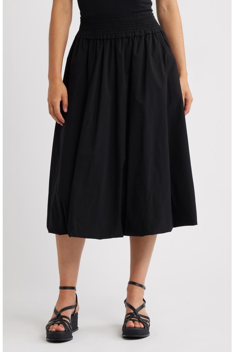 Smocked Waist Bubble Hem Midi Skirt, Main, color, BLACK