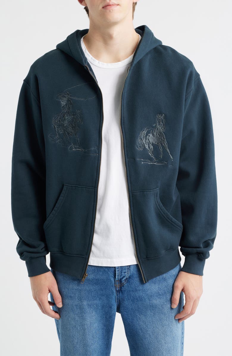 ONE OF THESE DAYS Into the Distance Embroidered Cotton Graphic Zip-Up Hoodie, Main, color, Washed Black