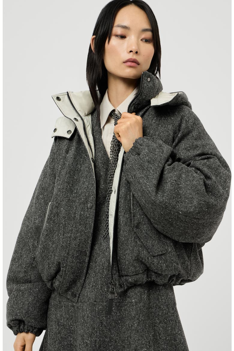 Virgin wool donegal down jacket with detachable hood and shiny zipper pull, Alternate, color, Anthracite