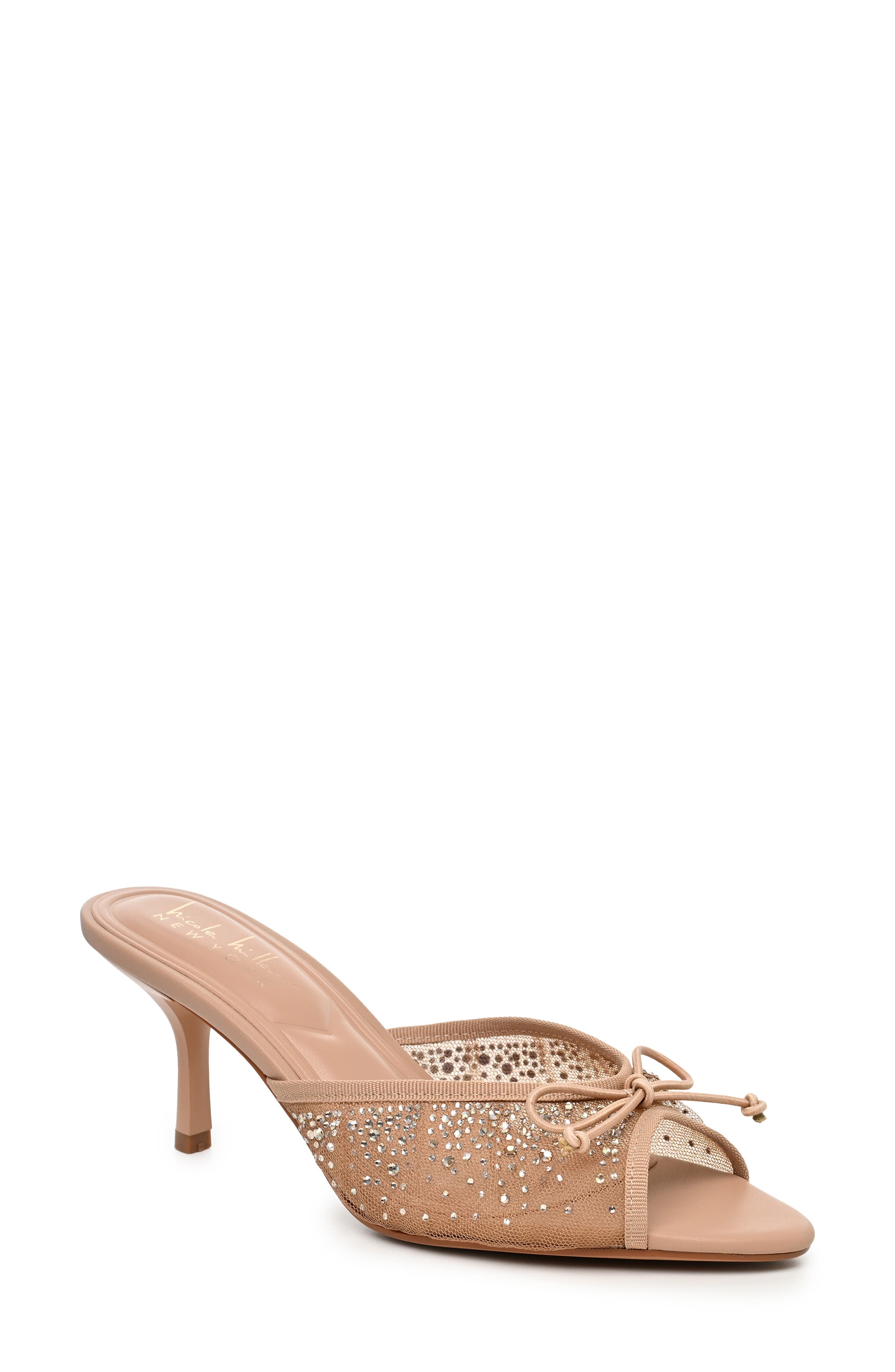 Points Bow Mesh Slide Sandal, Main, color, NUDE BLING