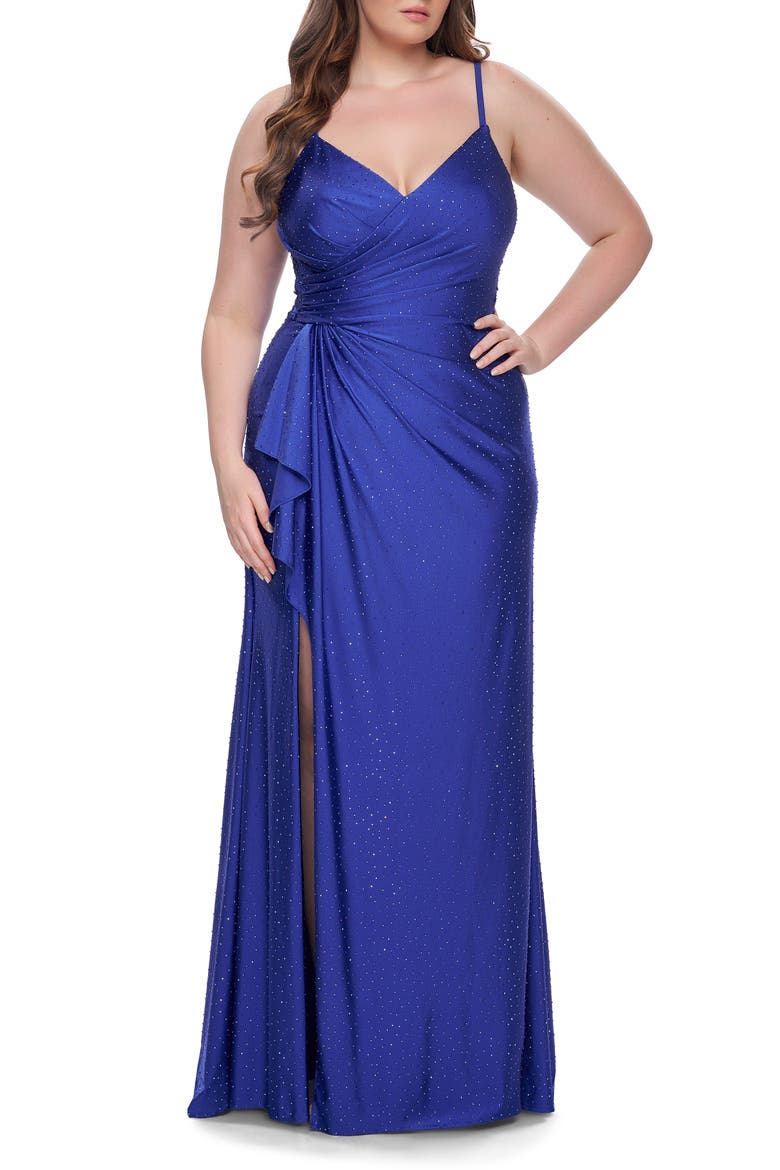 Rhinestone Embellished Jersey Dress with Lace Illusion Back, Alternate, color, Royal Blue