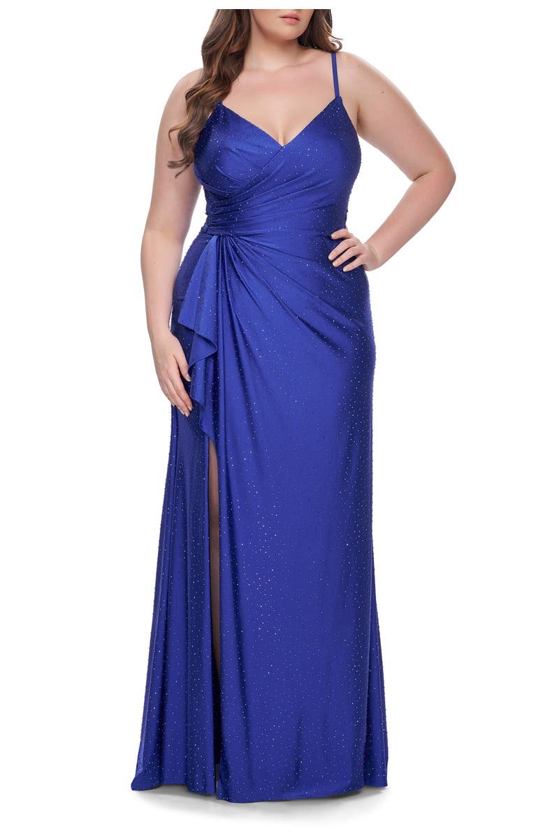 La Femme Rhinestone Embellished Jersey Dress with Lace Illusion Back, Alternate, color, Royal Blue