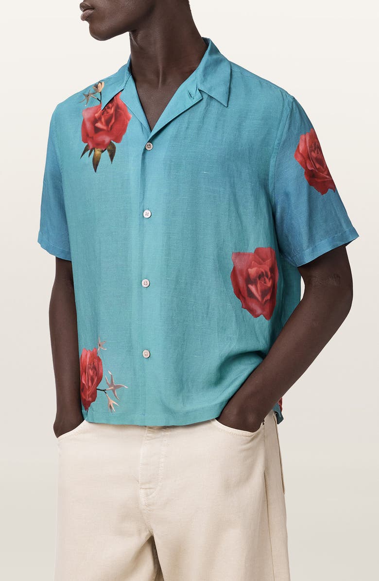 AllSaints Fazed Floral Button-Up Camp Shirt, Alternate, color, Anker Blue
