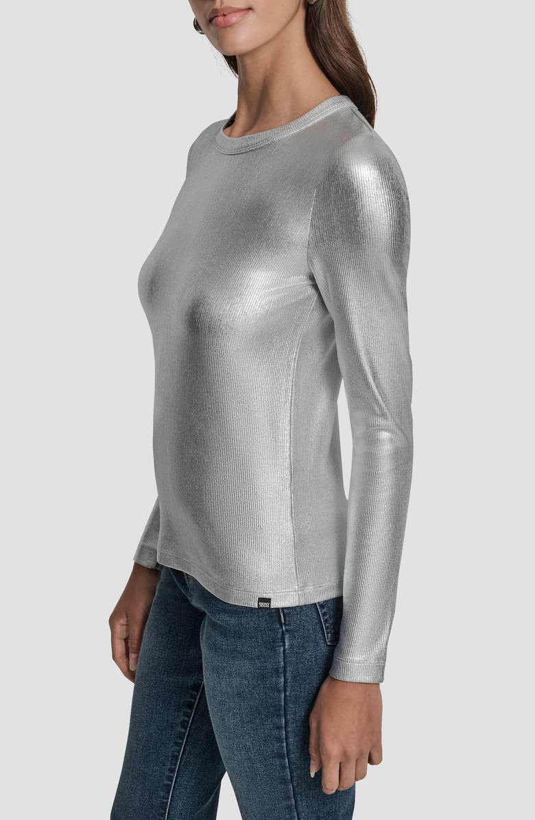 DKNY Jeans Foil Rib Knit Long Sleeve Top, Alternate, color, Silver