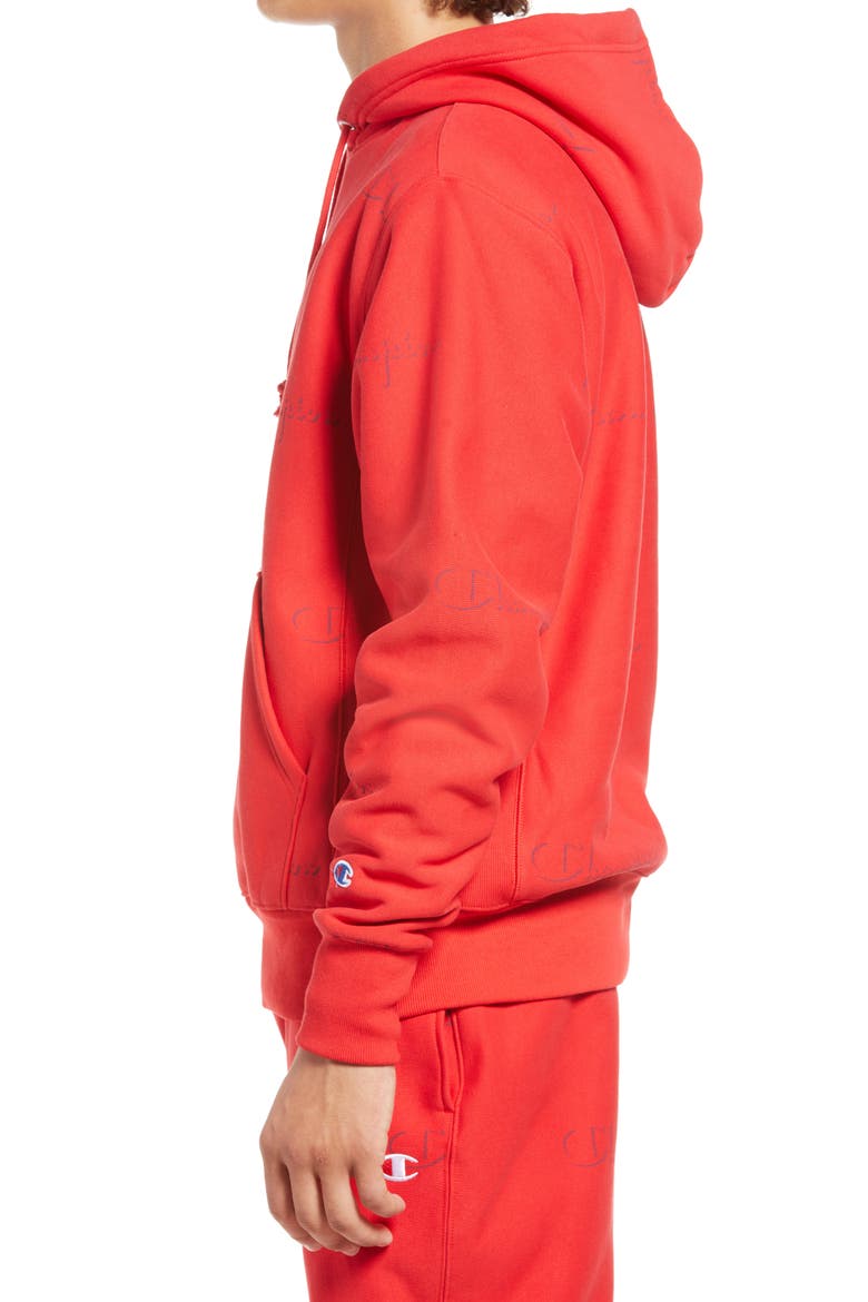 Reverse Weave® All Over Logo Hoodie, Alternate, color, SCRIPT DROP SHADOW SCARLET