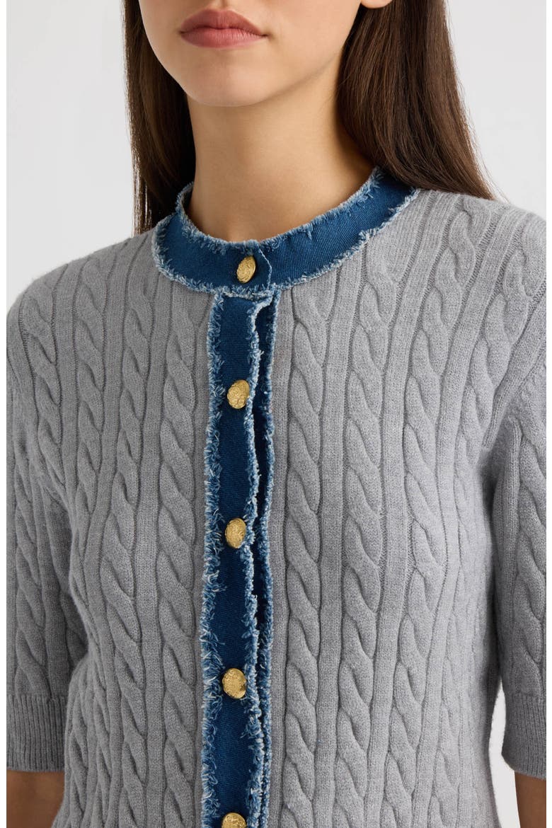 Cable Cardigan with Denim Trim, Alternate, color, LIGHT GREY MIX