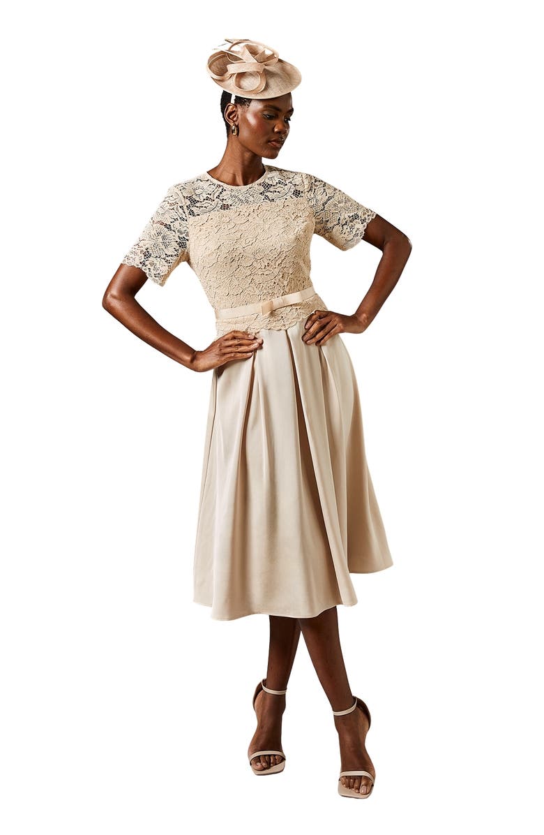 Coast Lace And Crepe Full Skirted Midi Dress, Main, color, Champagne