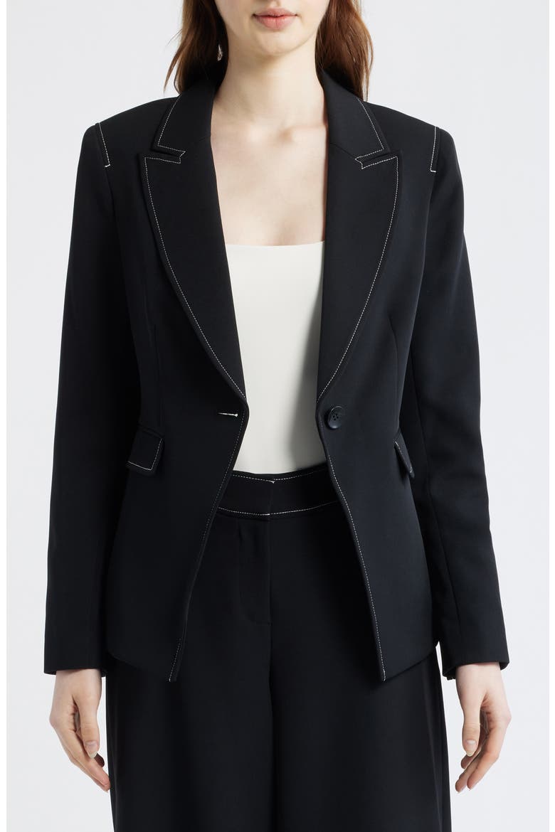 Topstitch One-Button Blazer, Alternate, color, BLACK WHITE
