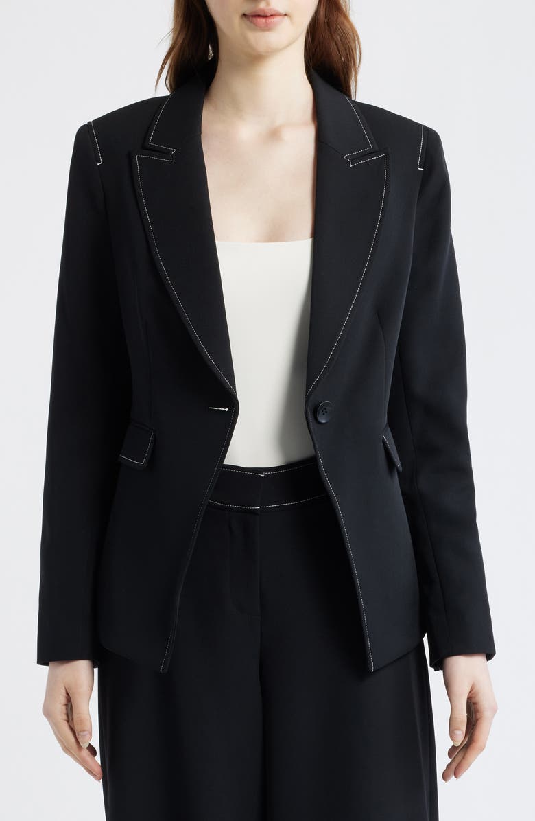 Tahari ASL Topstitch One-Button Blazer, Alternate, color, Black White