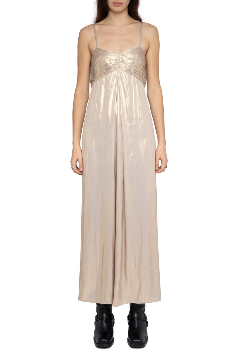 Rippie Pleated Metallic Satin Slipdress, Main, color, GOLD