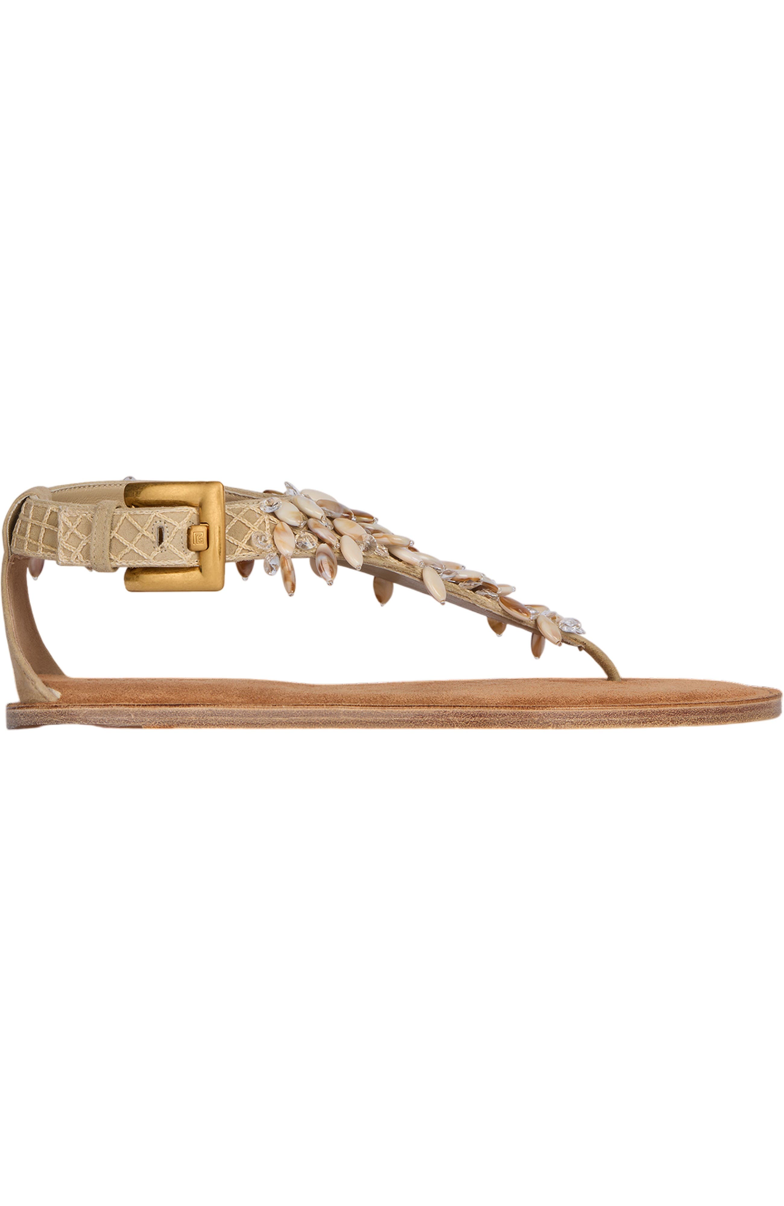 Balmain Flat sandals in suede, cotton and beads, Alternate, color, Beige