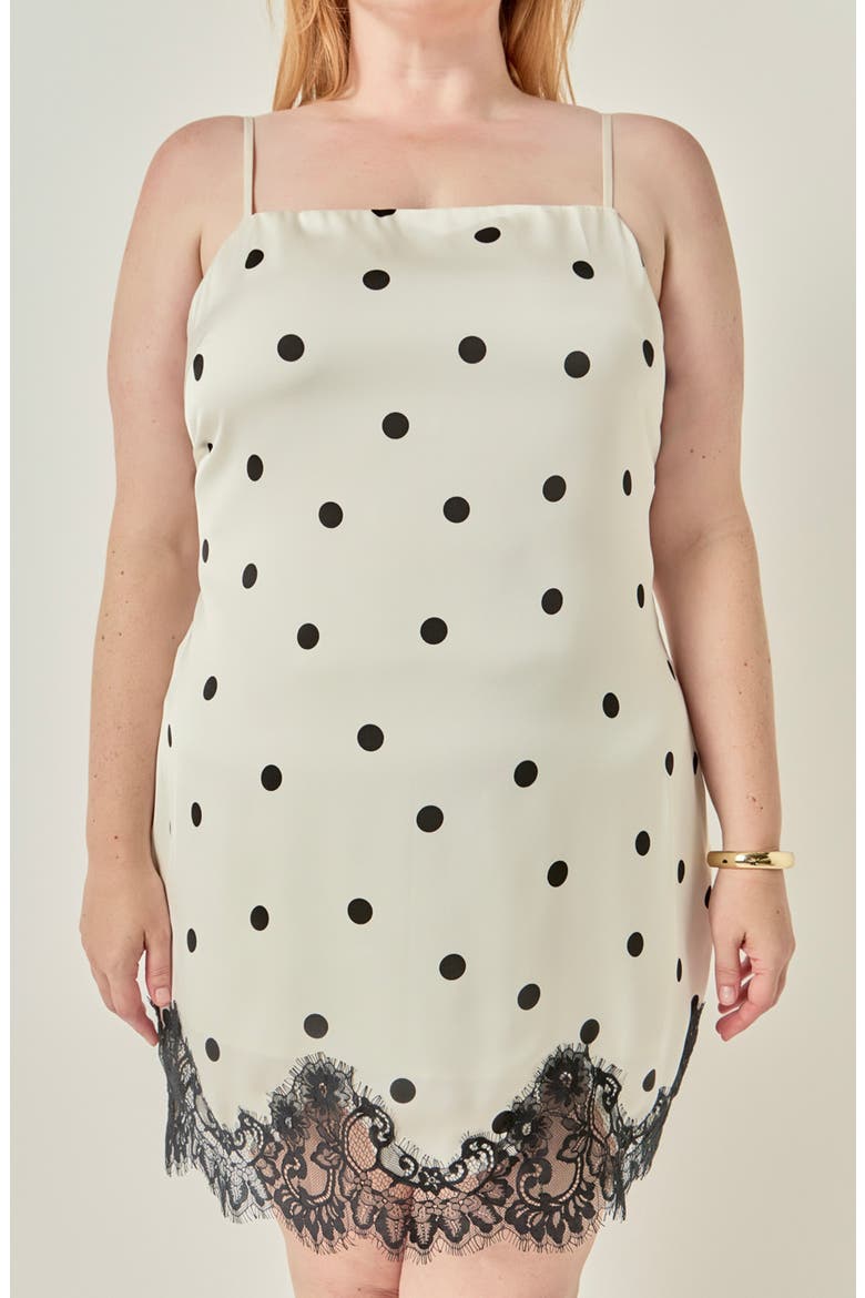 Polka Dot Lace Hem Slip Minidress, Alternate, color, CREAM/ BLACK