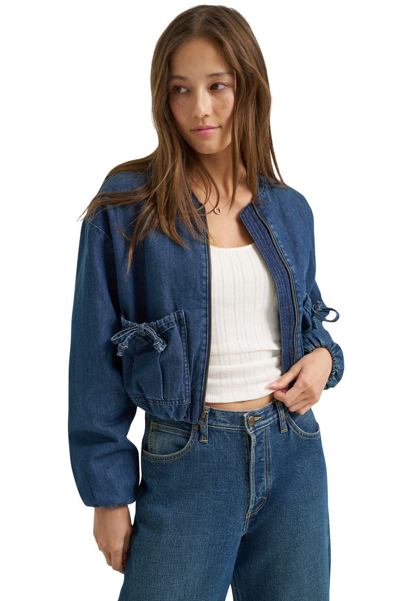 Oversize Bubble Hem Denim Bomber Jacket, Alternate, color, MID PACIFIC