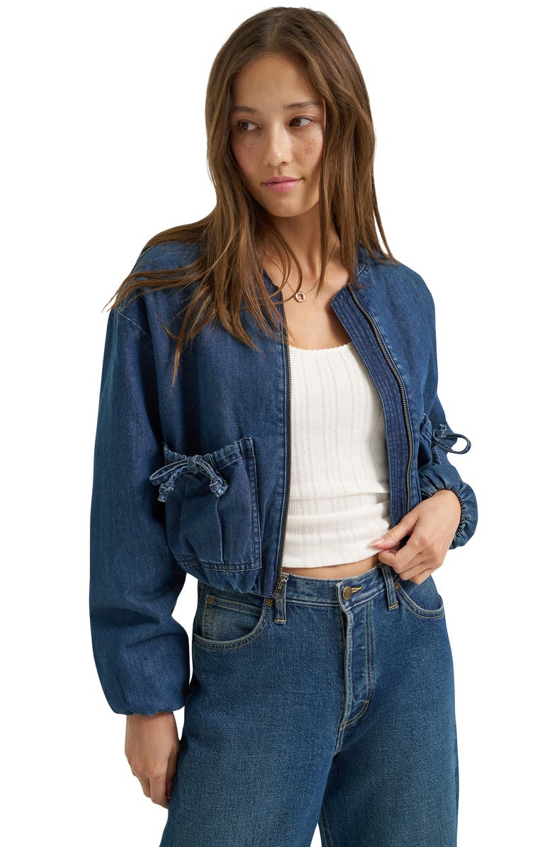Lee Oversize Bubble Hem Denim Bomber Jacket, Alternate, color, Mid Pacific