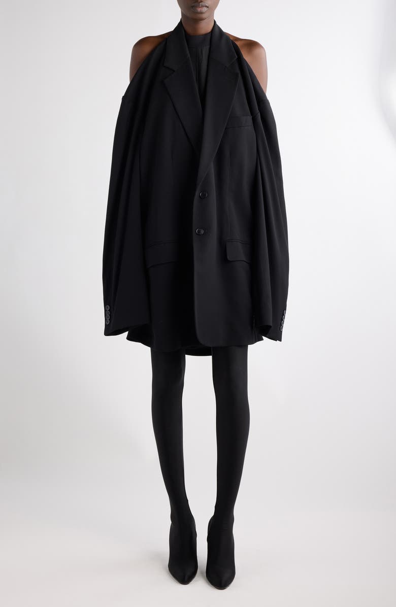 Balenciaga Suspended Cape Sleeve Wool Blend Blazer Dress, Main, color,