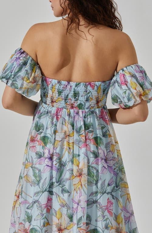 Astr The Label Floral Off The Shoulder Midi Dress In Blue Multi Tropical