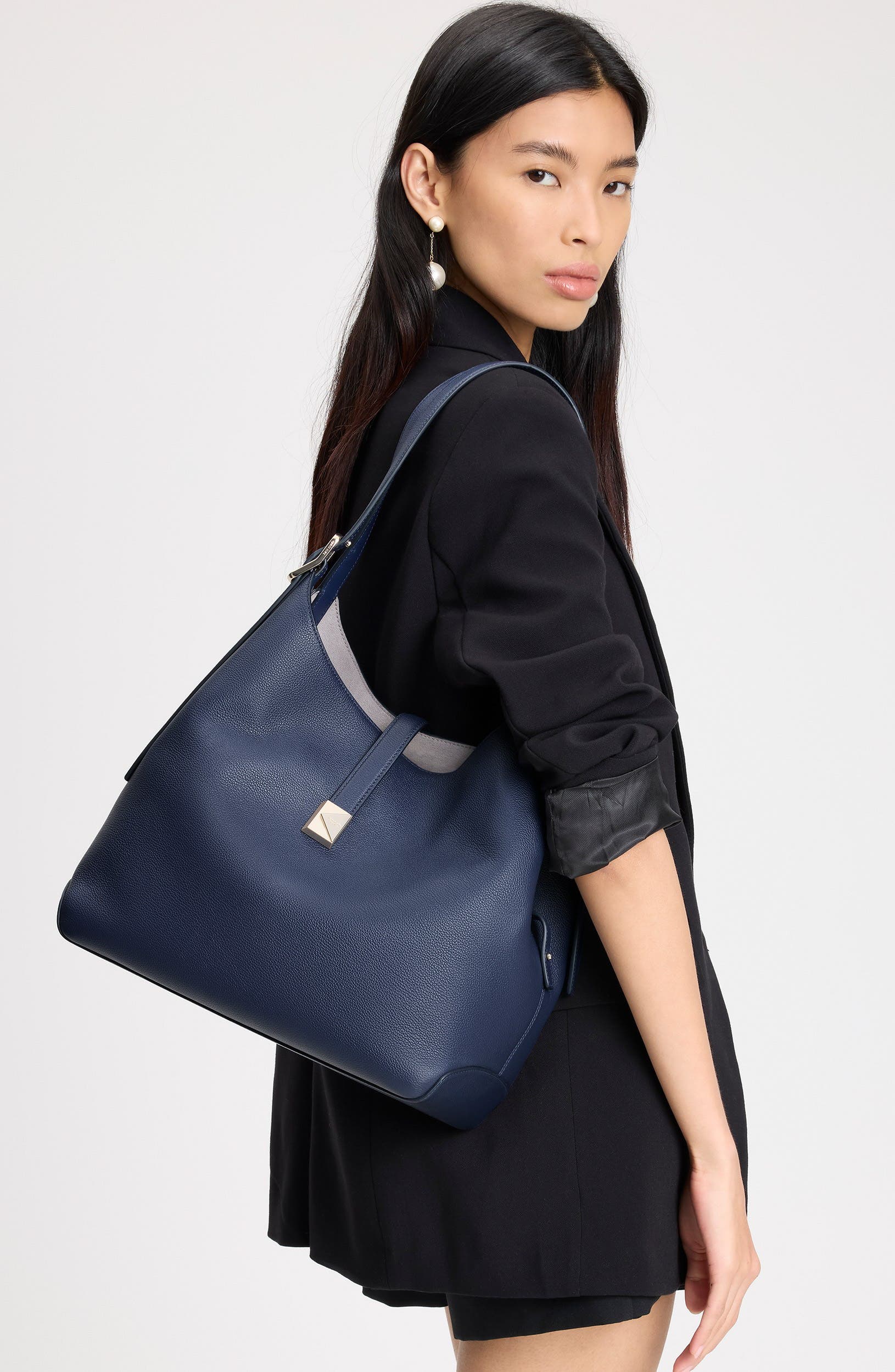 large deco pebbled leather shoulder bag, Alternate, color, PARISIAN NAVY