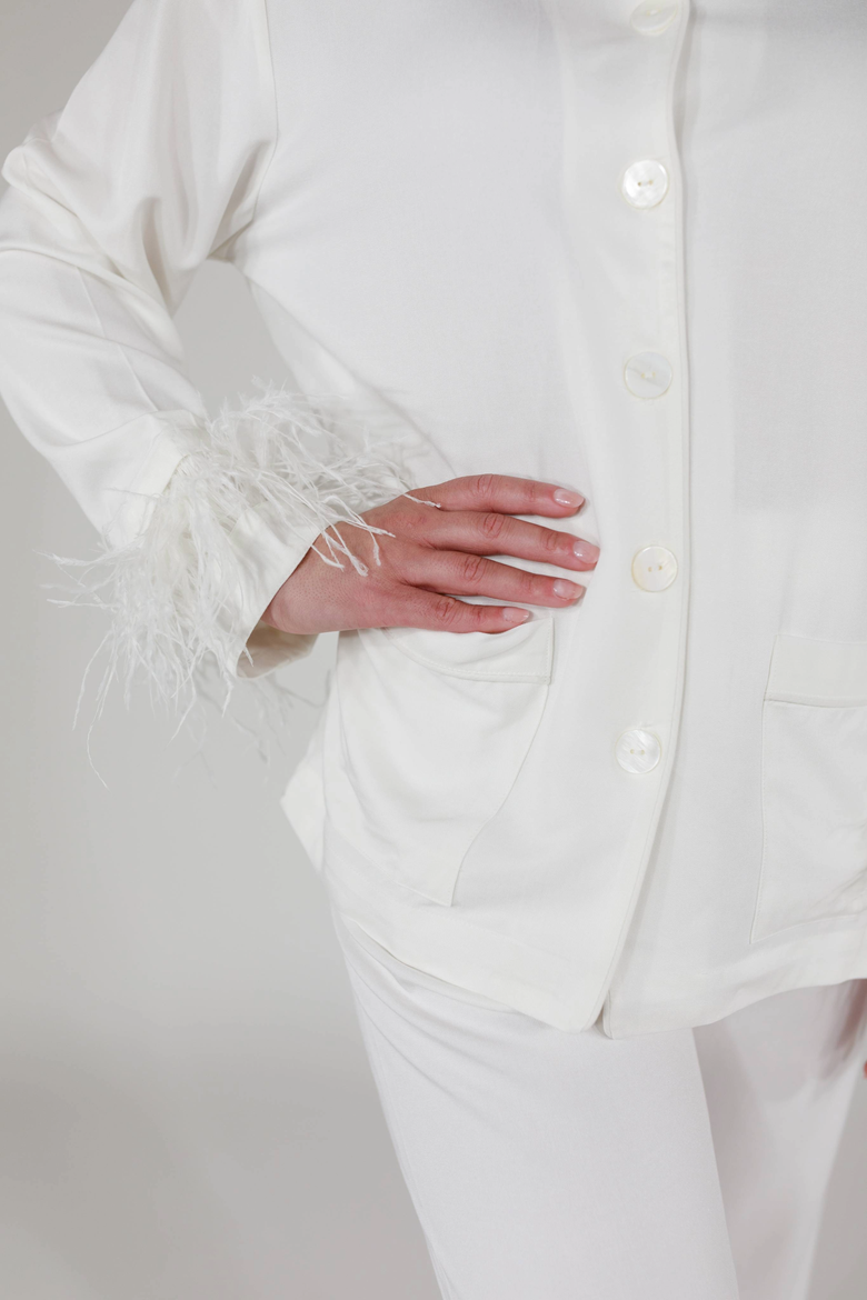 Feather Long Sleeve & Cropped Pant Pajama Set, Alternate, color, Classic White