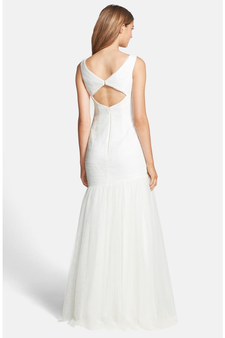 V-Neck Shirred Tulle Trumpet Dress, Alternate, color, IVORY