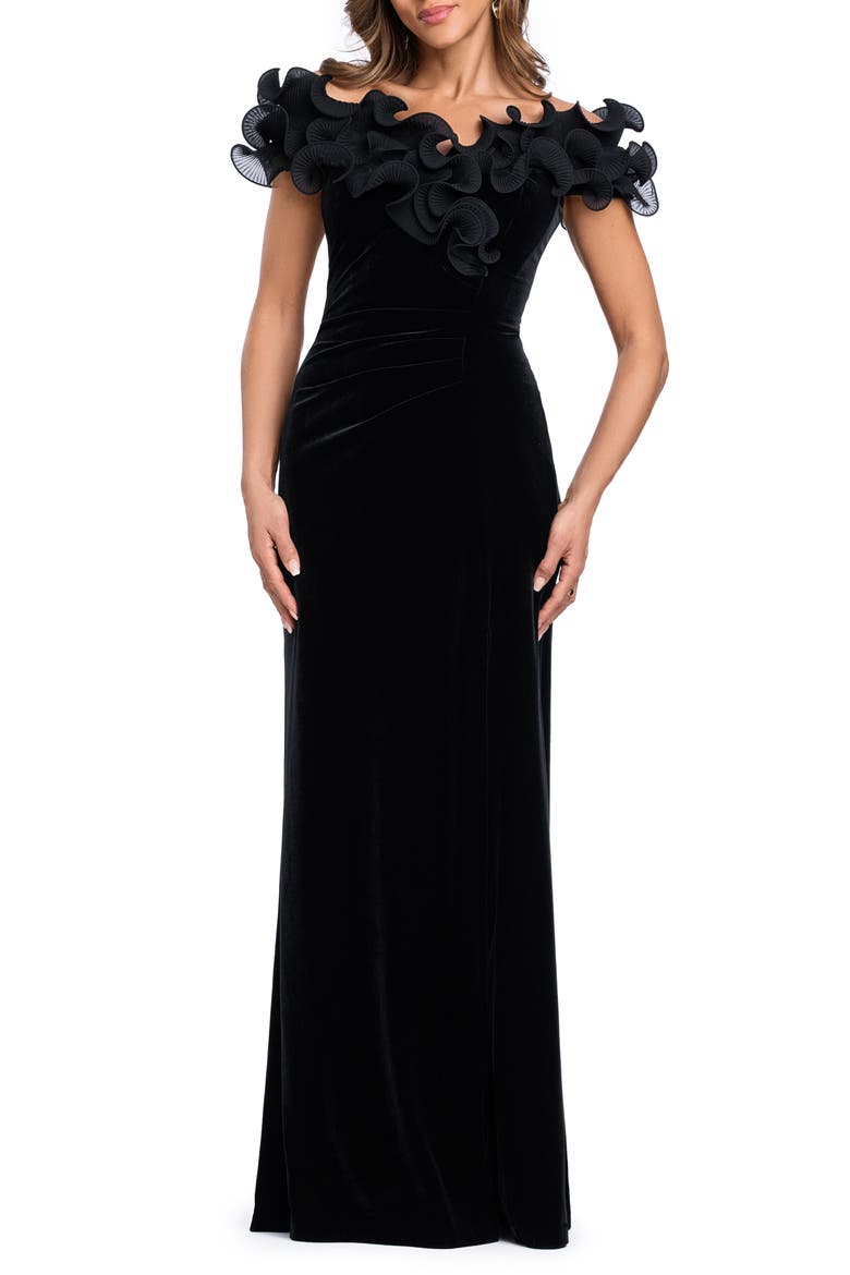 Ruffle Neck Off the Shoulder Velvet Gown, Main, color, BLACK