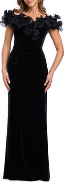 Xscape Evenings Ruffle Neck Off the Shoulder Velvet Gown
