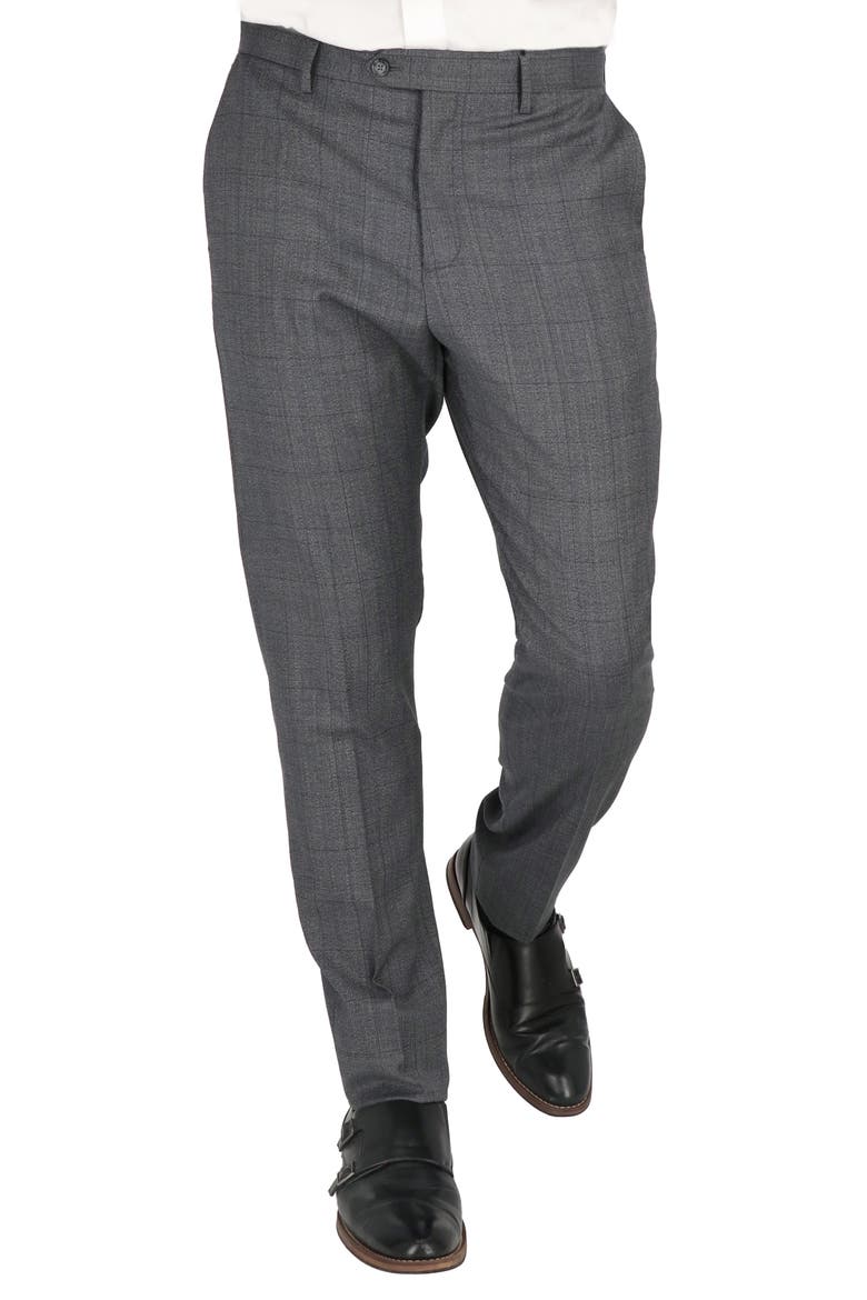 Grey Windowpane Check Flat Front Stretch Wool Dress Pants, Alternate, color, GREY WINDOWPANE