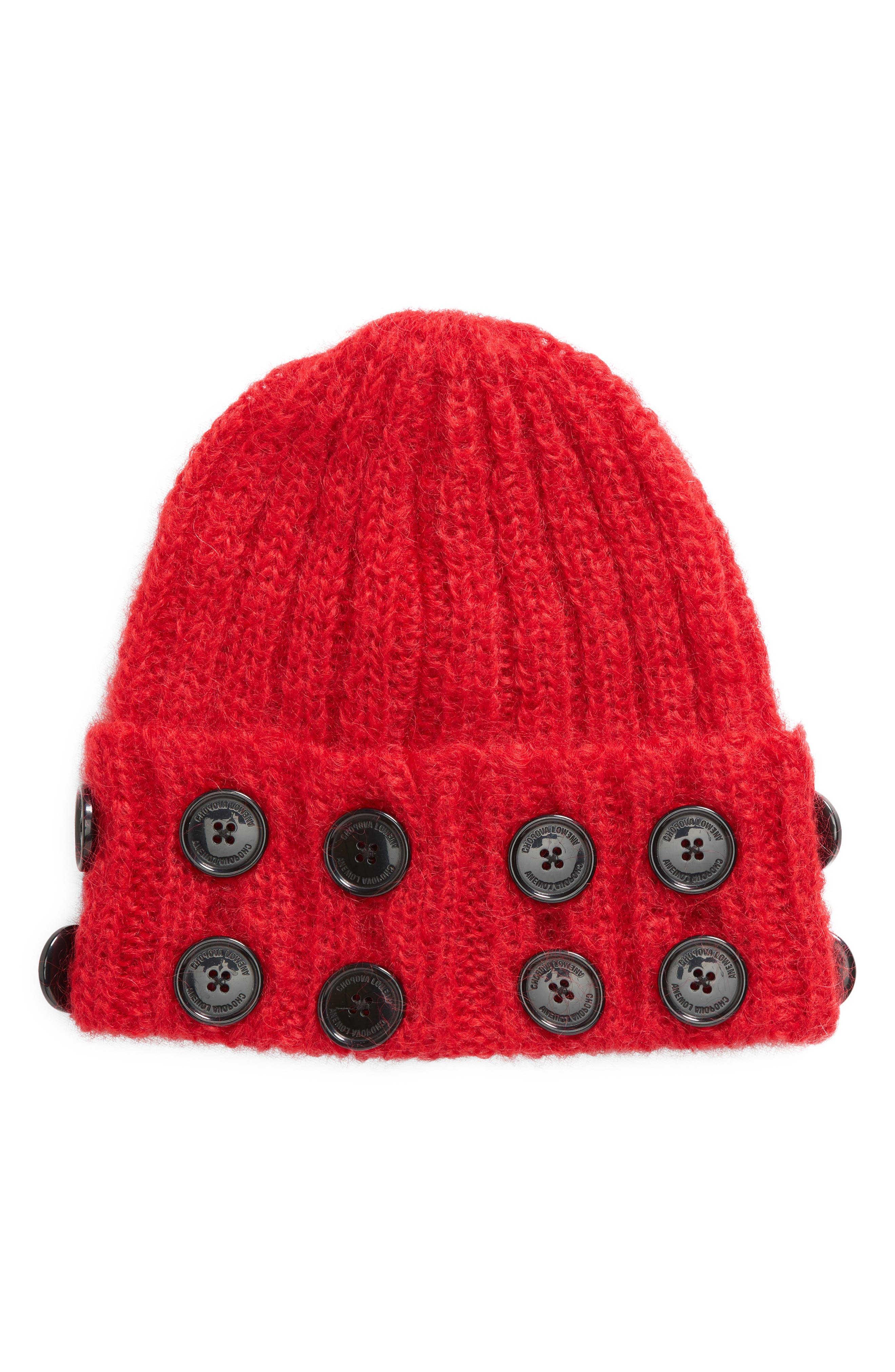 Chopova Lowena Starboard Button Cuff Mohair Blend Rib Beanie in Red 