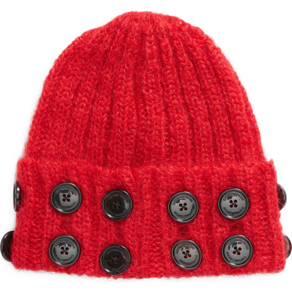 Chopova Lowena Starboard Button Cuff Mohair Blend Rib Beanie in Red