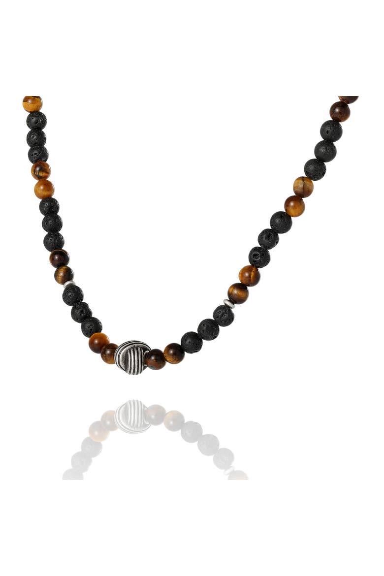 Men's Lava Rock & Tiger Eye Beaded Necklace, Silver-Tone Center Bead, Main, color, Black