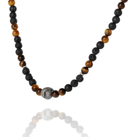 Men's Lava Rock & Tiger Eye Beaded Necklace, Silver-Tone Center Bead