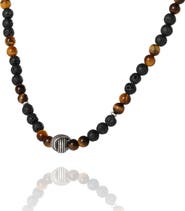Lucky Brand Men's Lava Rock & Tiger Eye Beaded Necklace, Silver-Tone Center Bead