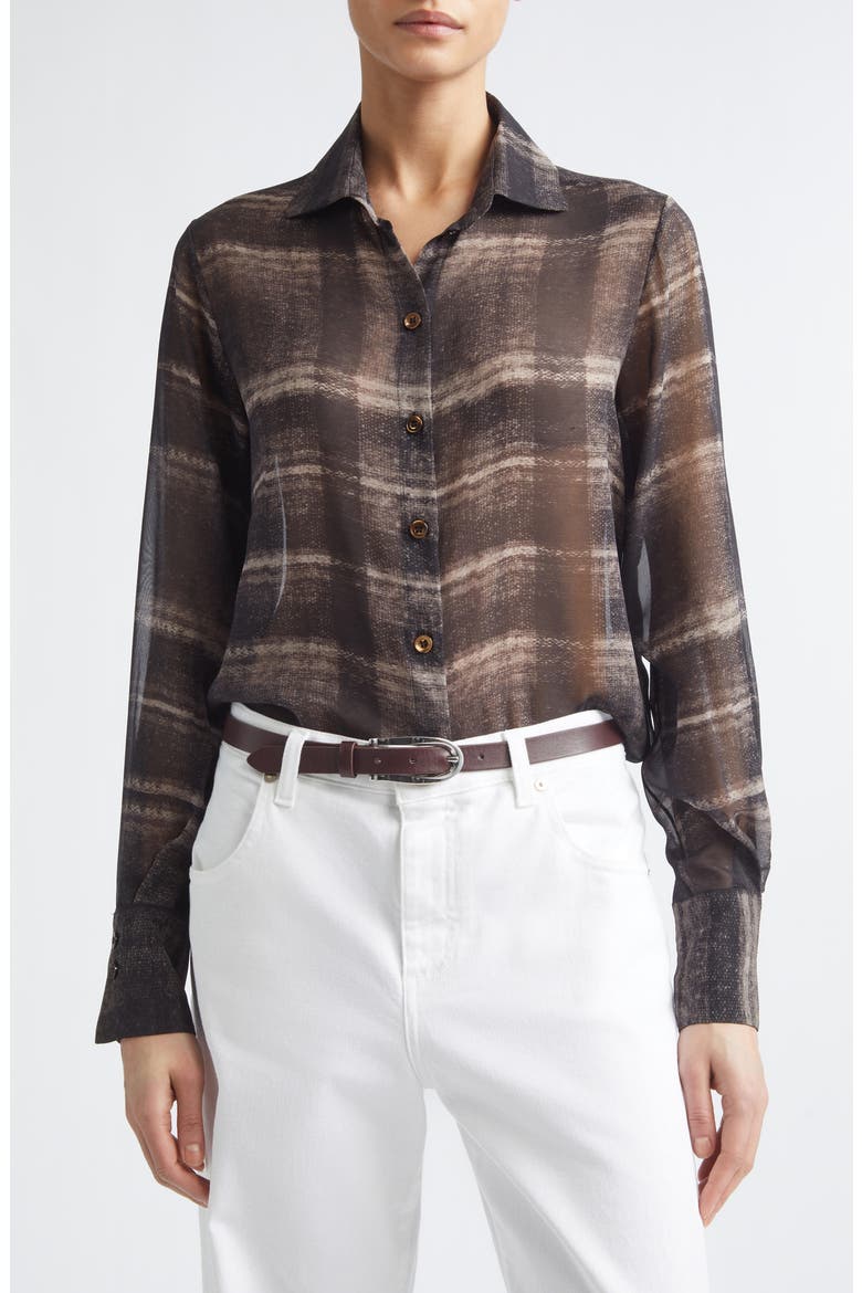 Plaid Silk Button-Up Shirt, Main, color, 05 BROWN